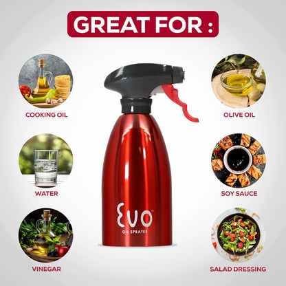 Evo Oil Sprayer 18/8 Stainless Steel, Non-Aerosol for Olive, Cooking Oils, and Vinegars, Silver, 16-Ounce Capacity