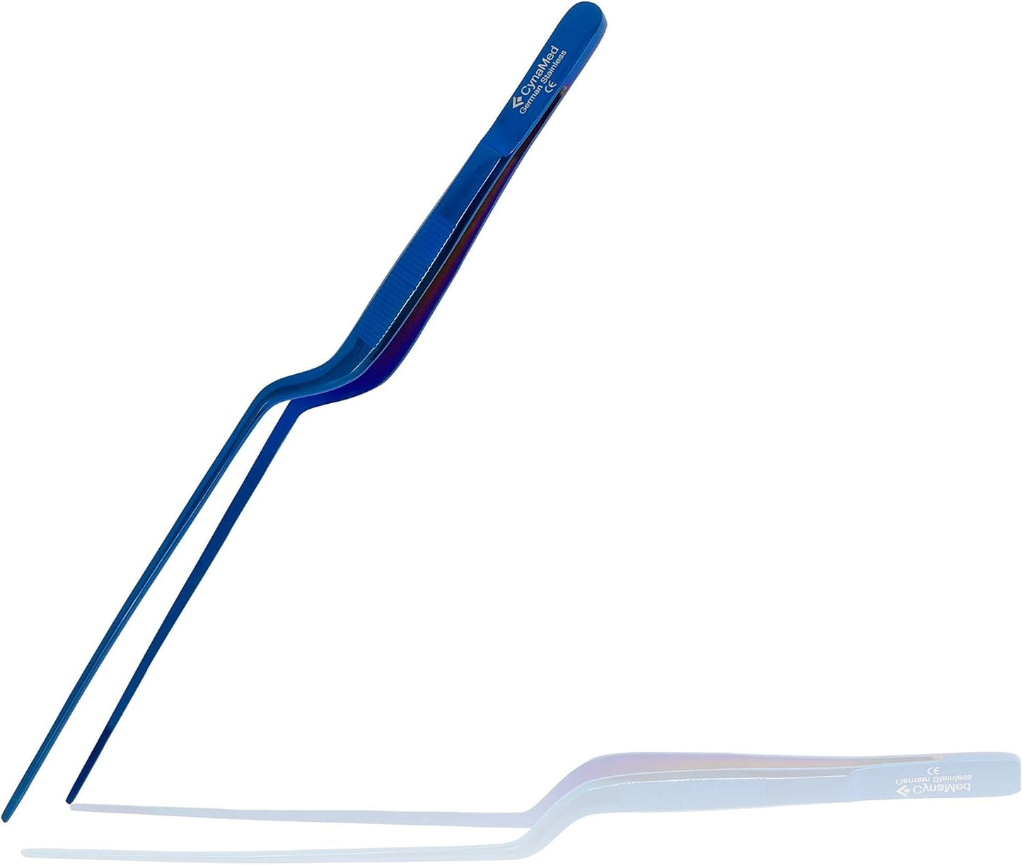 Cynamed 10” Kitchen Premium Tongs Tweezers Stainless Steel, Long with Precision Serrated Tips (Blue, Bayonet)