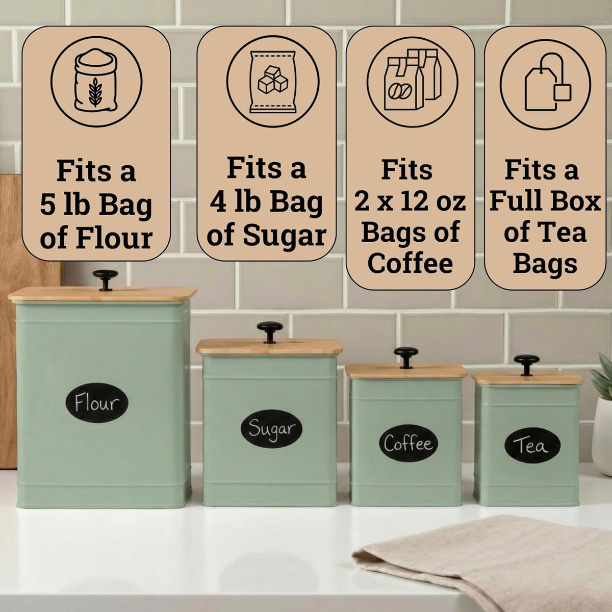 Kitchen Canisters for Countertop Set of 4 w/ Chalkboard Labels & Marker Pen | Airtight Easy Open Bamboo Lids, Dent-Resistant Thick Metal, Customizable Chalkboard Labels, Marker Pen Included, Set of 4
