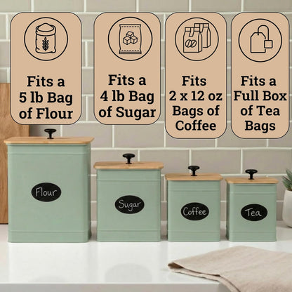 Kitchen Canisters for Countertop Set of 4 w/ Chalkboard Labels & Marker Pen | Airtight Easy Open Bamboo Lids, Dent-Resistant Thick Metal, Customizable Chalkboard Labels, Marker Pen Included, Set of 4