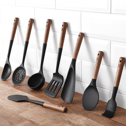 Cooking Ladle: Silicone Kitchen Utensil with Long Wooden Handles, Heat Resistant Cookware, Protects Surfaces with Gentle Head Design, Portion Batter, Professional Chef Wok Soup Ladle