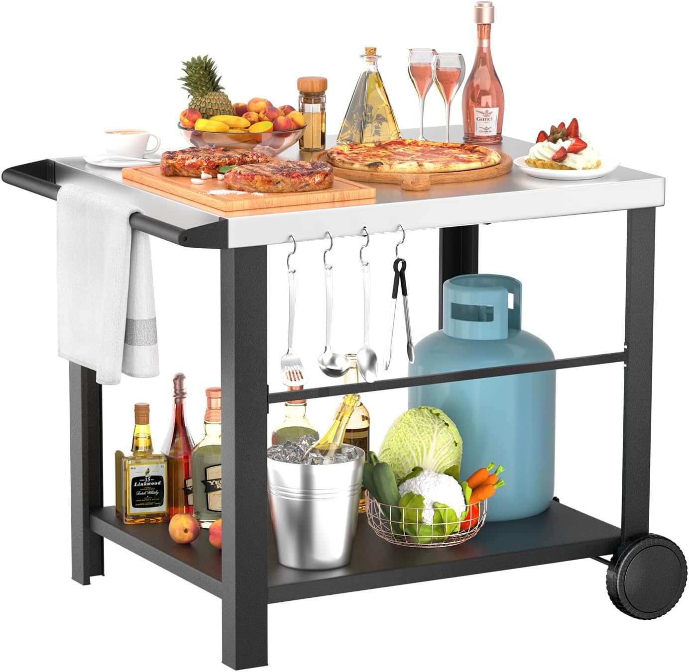 Upgraded Pizza Oven Cart Table for Ooni Koda/Karu/Fyra 16 & 12, Movable Thicken & Widen Rolling Kitchen Cart, Outdoor Grill Stand for Ninja Woodfire,Blackstone Griddle,Barbecue Tool Set