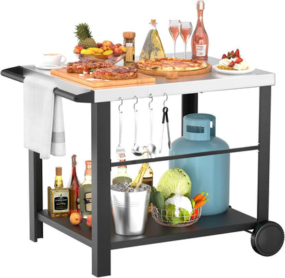 Upgraded Pizza Oven Cart Table for Ooni Koda/Karu/Fyra 16 & 12, Movable Thicken & Widen Rolling Kitchen Cart, Outdoor Grill Stand for Ninja Woodfire,Blackstone Griddle,Barbecue Tool Set