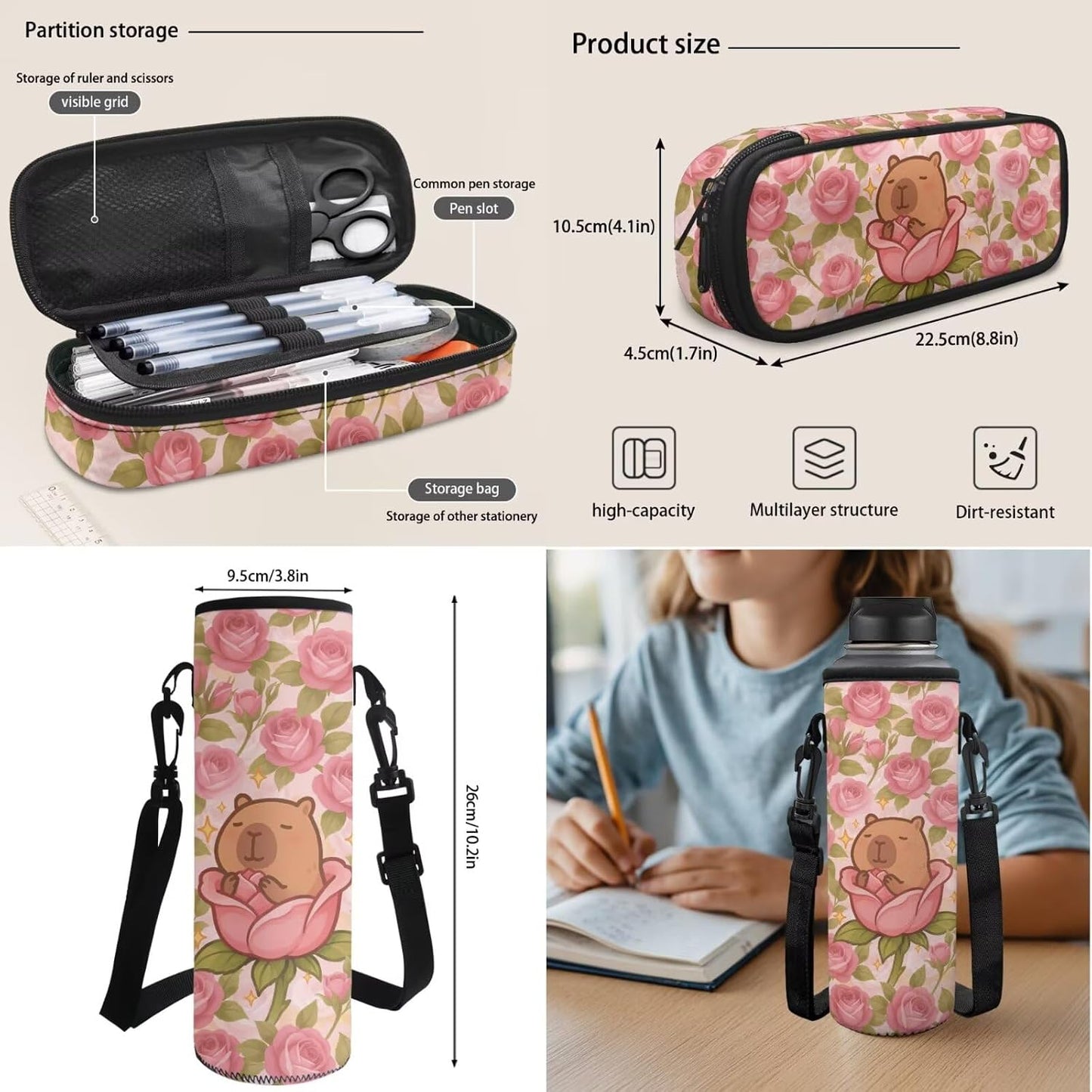 Cute Capybara Pizza Backpack for Girls, 5 Pcs Boys School Bag Set for Kids, 17 Inch Backpacks Lunch Pencil Box Reusable Utensils Case Set for Middle Elementary School, 3rd Grade Backpack