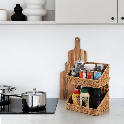 Pumtus 2-tier Handwoven Storage Basket, Water Hyacinth Standing Rack, Kitchen Countertop Organizer, Hanging Bathroom Basket, Fruit Vegetable Holder, Storage Shelf for Home Organization
