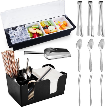 Tessco for you Garnish Tray with Lid Bar Caddy Ice Cooled Condiment Serving Container with Ice Scoop Metal Mini Serving Tongs Fruit Fork Spoons for Food Home Party Kitchen(Plastic,6 Grids)