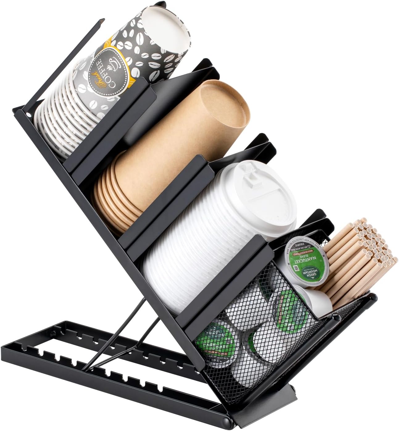 Coffee Cup Holder Organizer 4 Compartment Disposable Cup Dispenser, Cup and Lid Holder with Mesh Basket for Countertop Coffee Station Bar, Black