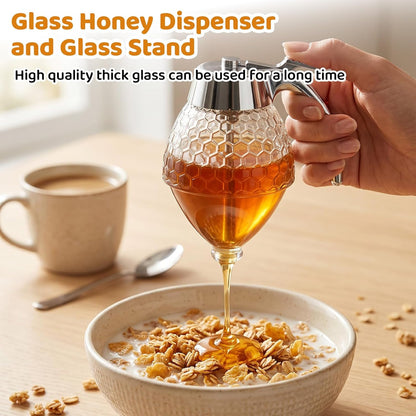 Glass Honey Dispenser 8 Ounces - Drip-Free Honey Jar With Glass Stand, Kitchen Leak-Proof Syrup Dispenser, Elegant Honeycomb Design For Storing Honey, Maple Syrup And Coffee Syrup