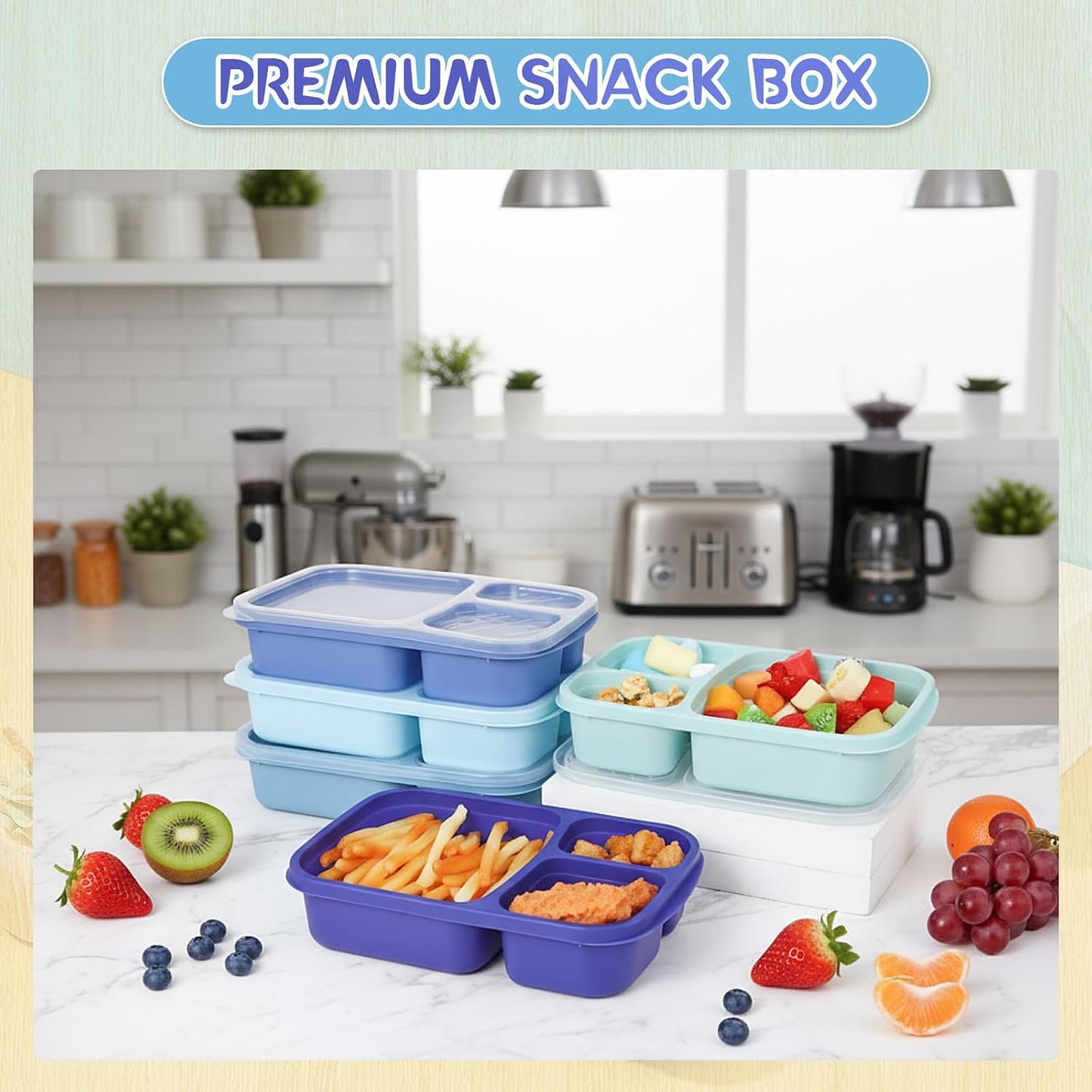 Honeydak 5 Pack Snack Containers 3 Compartment Bento Snack Boxes Divided Meal Prep Containers with Lids Reusable Adults Lunch Food Storage Box for School Work Travel(Elderberry)