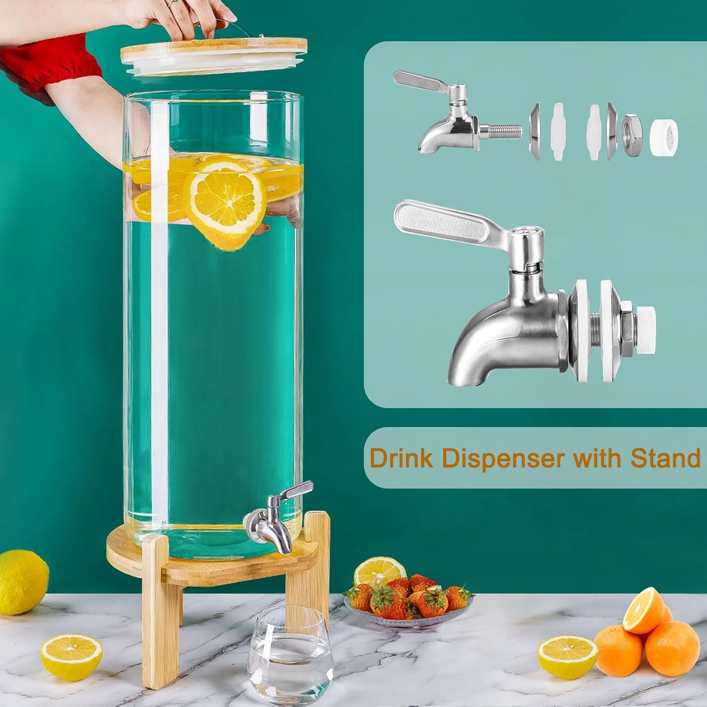 Glass Beverage Dispenser with Stand, 1.5 Gallons Glass Drink Dispenser-Beverage Dispenser with Wood Stand, Stainless Steel Spigot for Parties,Bars,Restaurants