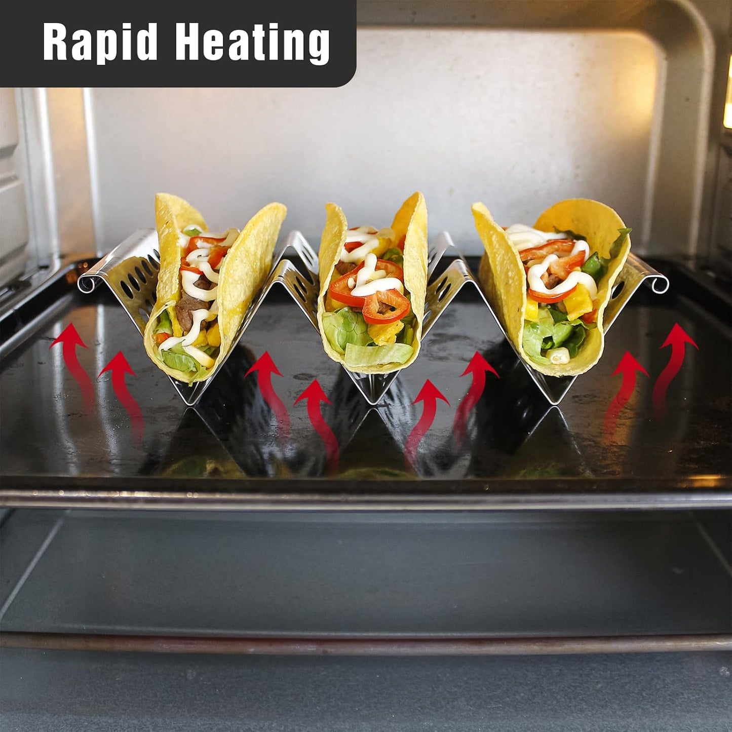 4 Pack Stainless Steel Taco Holders, Premium Taco Stands, Holds 2 Or 3 Tacos Each Taco Tray, Taco Rack With Easy-Access Handle, Food Grade Taco Plate Shells Oven & Grill Safe, BPA Free(Hollow)