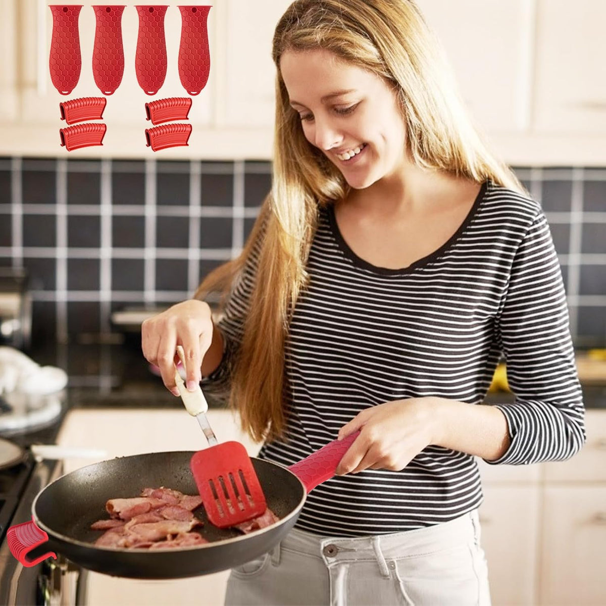 8 Pcs Non-Slip Silicone Hot Handle Holder & Assist Grips, Potholder for Cast Iron Skillets, Heat Resistant Handle Cover Sleeve for Frying Pans, Casserole, Cookware Handles, Lake Blue