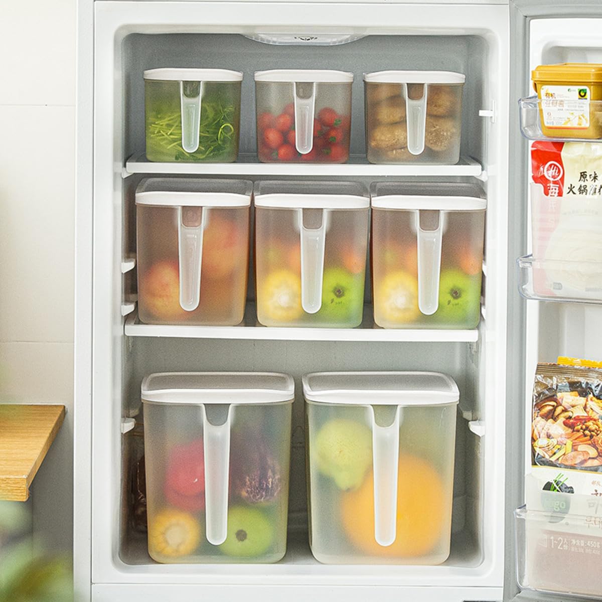 MineSign 2 Pack Plastic Divided Veggie Storage Containers with Lids and Handles for Fridge Storage Organizer Boxes for Refrigerator Produce Beans Fruits Organzation