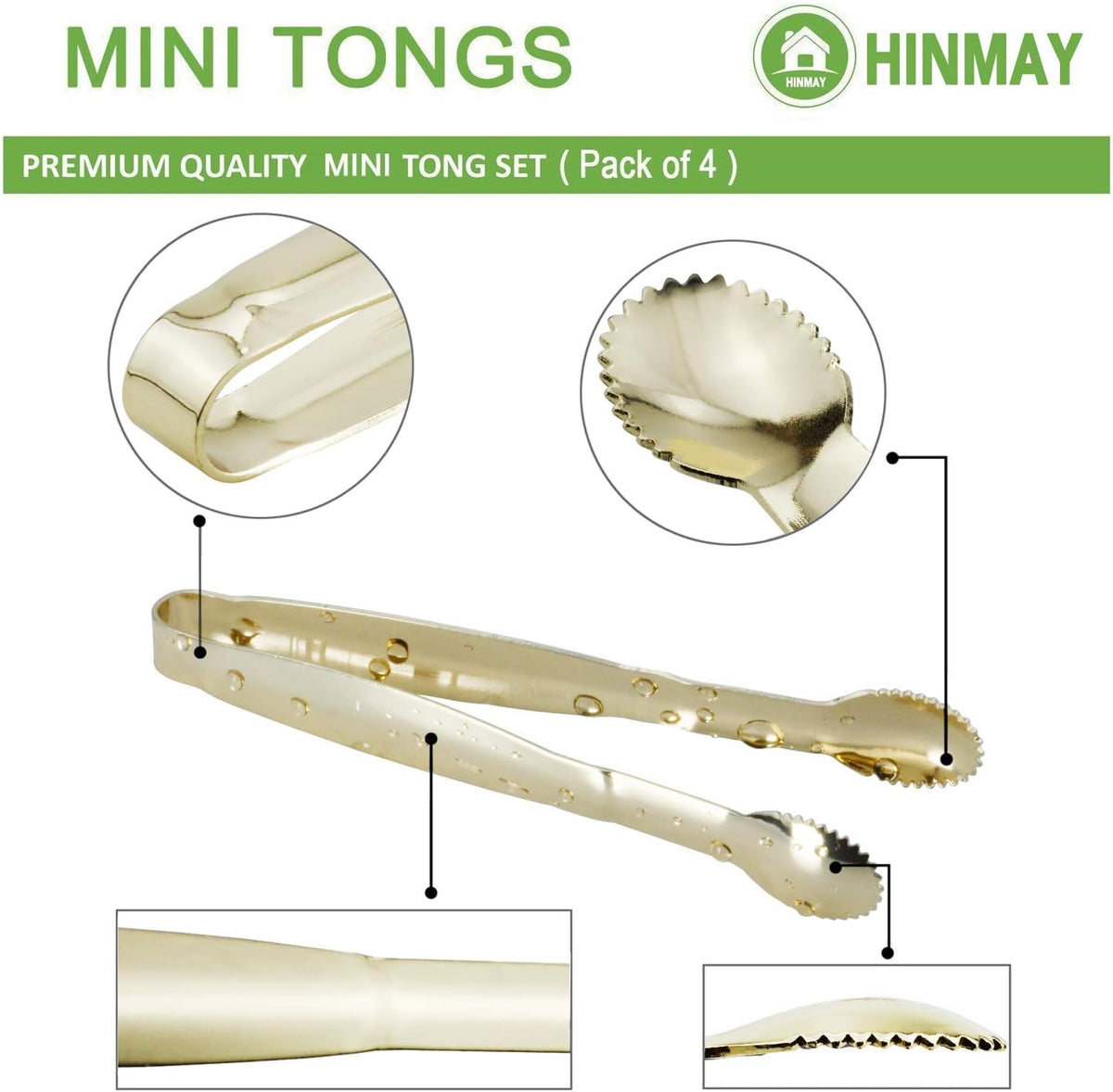 HINMAY Mini Appetizer Tongs 5.75" Stainless Steel Tongs, Set of 4 (Gold)