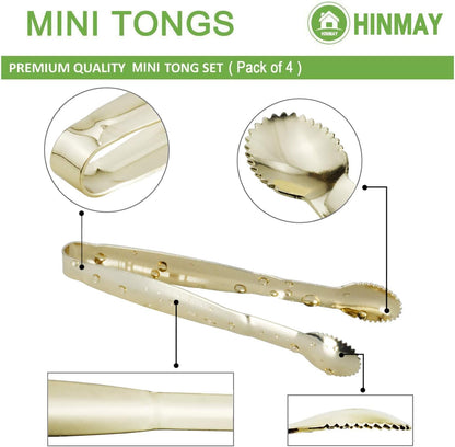 HINMAY Mini Appetizer Tongs 5.75" Stainless Steel Tongs, Set of 4 (Gold)