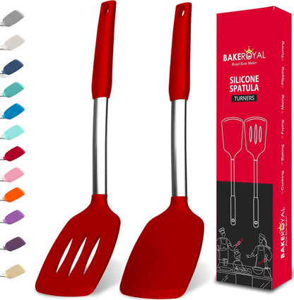 BakeRoyal Silicone Spatula Set - Turner Spatulas Silicone Heat Resistant 600°F - Slotted & Solid Spatula for Cooking Fish, Eggs, Pancakes Flipper – Spatulas for kitchen use – Black