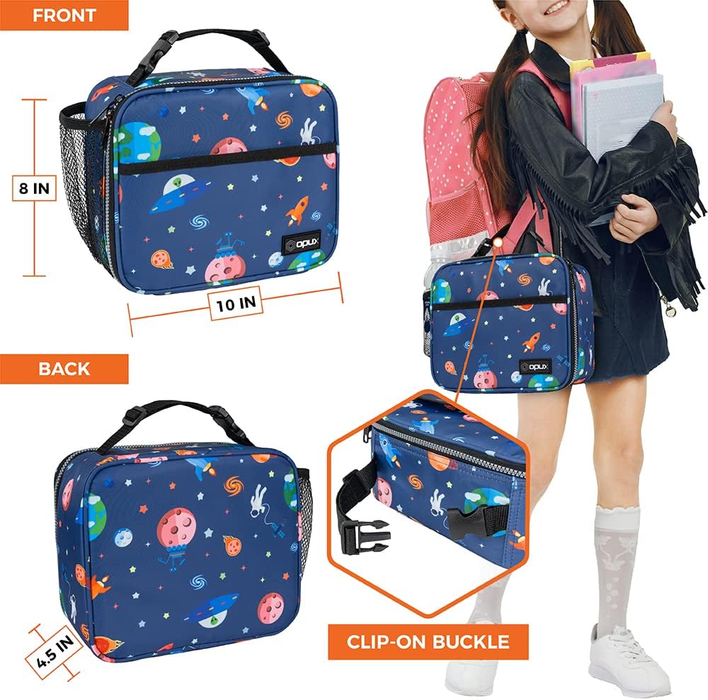 opux Insulated Lunch Bag Kids, Lunch Box for School Boy Girl, Leakproof Small Reusable Compact Soft Mini Cooler Bag, Toddler Small Lunch Boxes Kit Pail with Front Side Pockets (Purple)