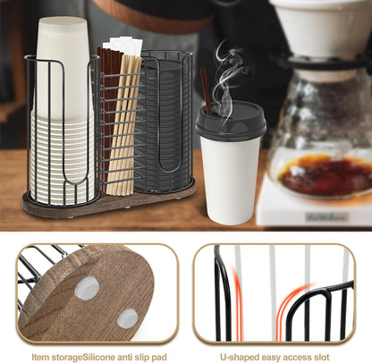 3-Compartment 18oz Coffee Cup Dispenser Rack with Wood Base, Disposable Cup, and Lid Organizer for Countertop - Perfect for Paper Cups, Straws, and Kitchen Cabinet Storage