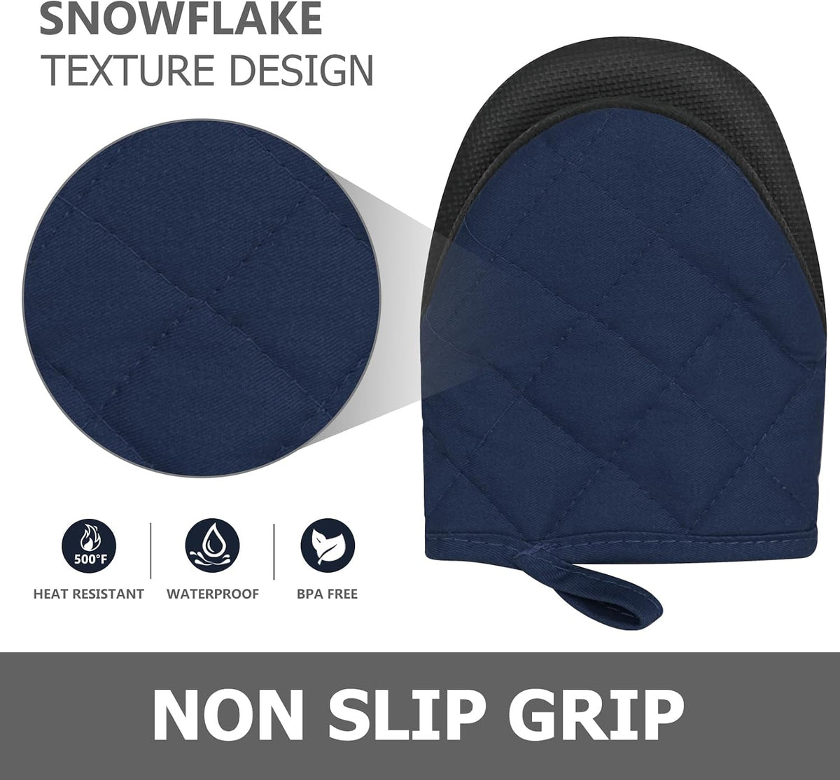 1 Pair Short Oven Mitts - Silicone Kitchen Oven Gloves High Heat Resistant 500℉, Mini Oven Mits with Non-Slip Grip Surfaces and Hanging Loop for BBQ, Baking, Cooking and Grilling (Black)