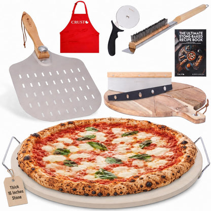 CRUSTO® Pizza Stone For Oven Set 16 Inch Cordierite Stone Pizza Peel Cutter Wheel Dough Proofing Box Cutting Board Apron Cleaning Brush Home Pizza Baking Kit With Handles for Oven Grill (Pro Kit)
