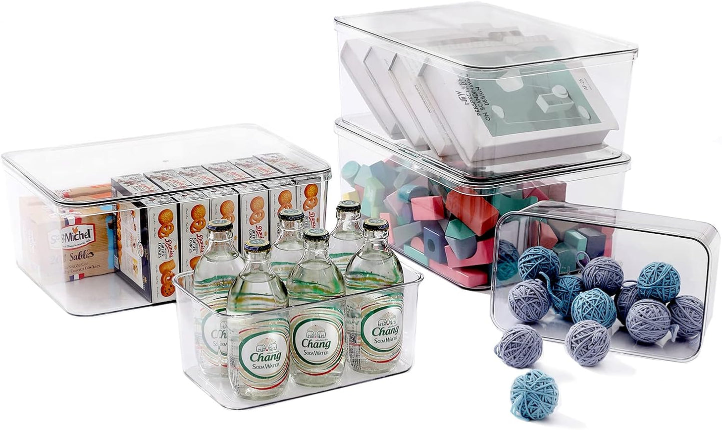 Clear Storage Bins With Lids,4 Packs Food Storage Organizer,Stackable Kitchen Cabinet,Bathroom Basket,Fridge Organization.Pantry Transparent Containers For Fruits,Drinks