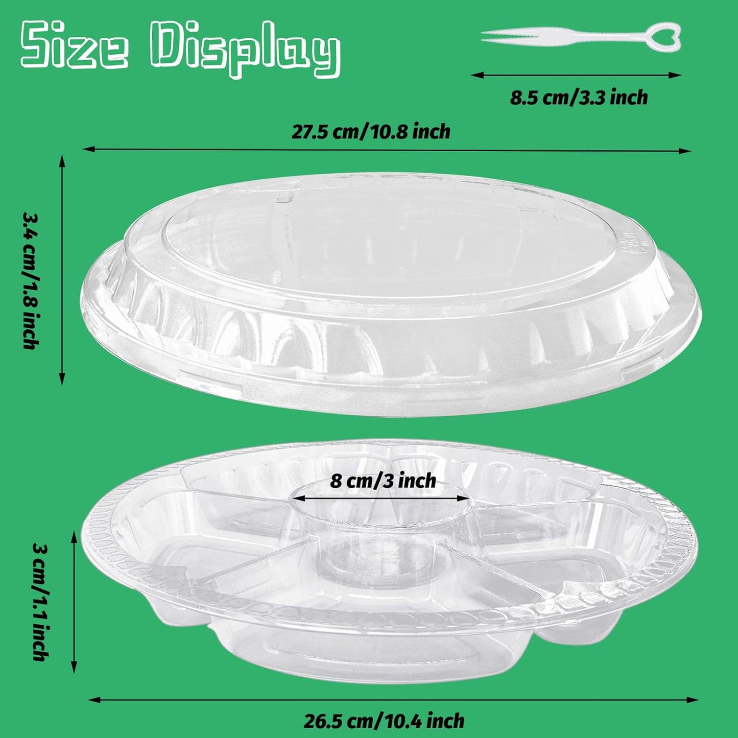 12 Pack Plastic Appetizer Trays with Lids,6 Compartment Serving Platters Tray with 100 Pcs Forks,Disposable 10 Inch Clear Round Fruit Storage Container for Snack,Food,Vegetable,Party Buffet Favors