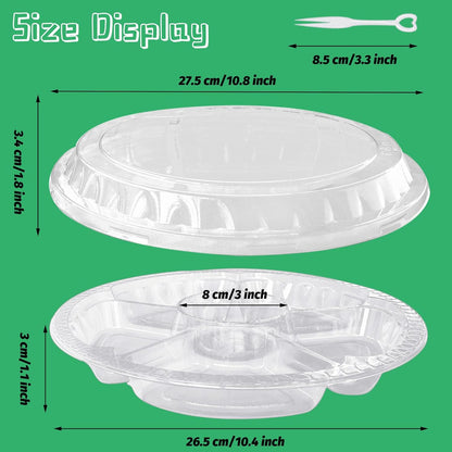 12 Pack Plastic Appetizer Trays with Lids,6 Compartment Serving Platters Tray with 100 Pcs Forks,Disposable 10 Inch Clear Round Fruit Storage Container for Snack,Food,Vegetable,Party Buffet Favors