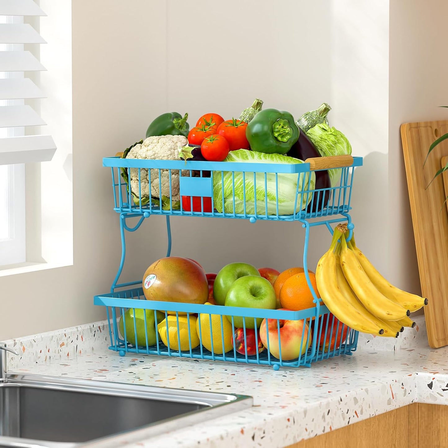 2 Tier Fruit Basket for Kitchen Counter with 2 Banana Hangers, Countertop Metal Bread Basket with Wooden Handle, Large Storage Stand for Vegetables, Snacks, Eggs, Produce Storage – Black