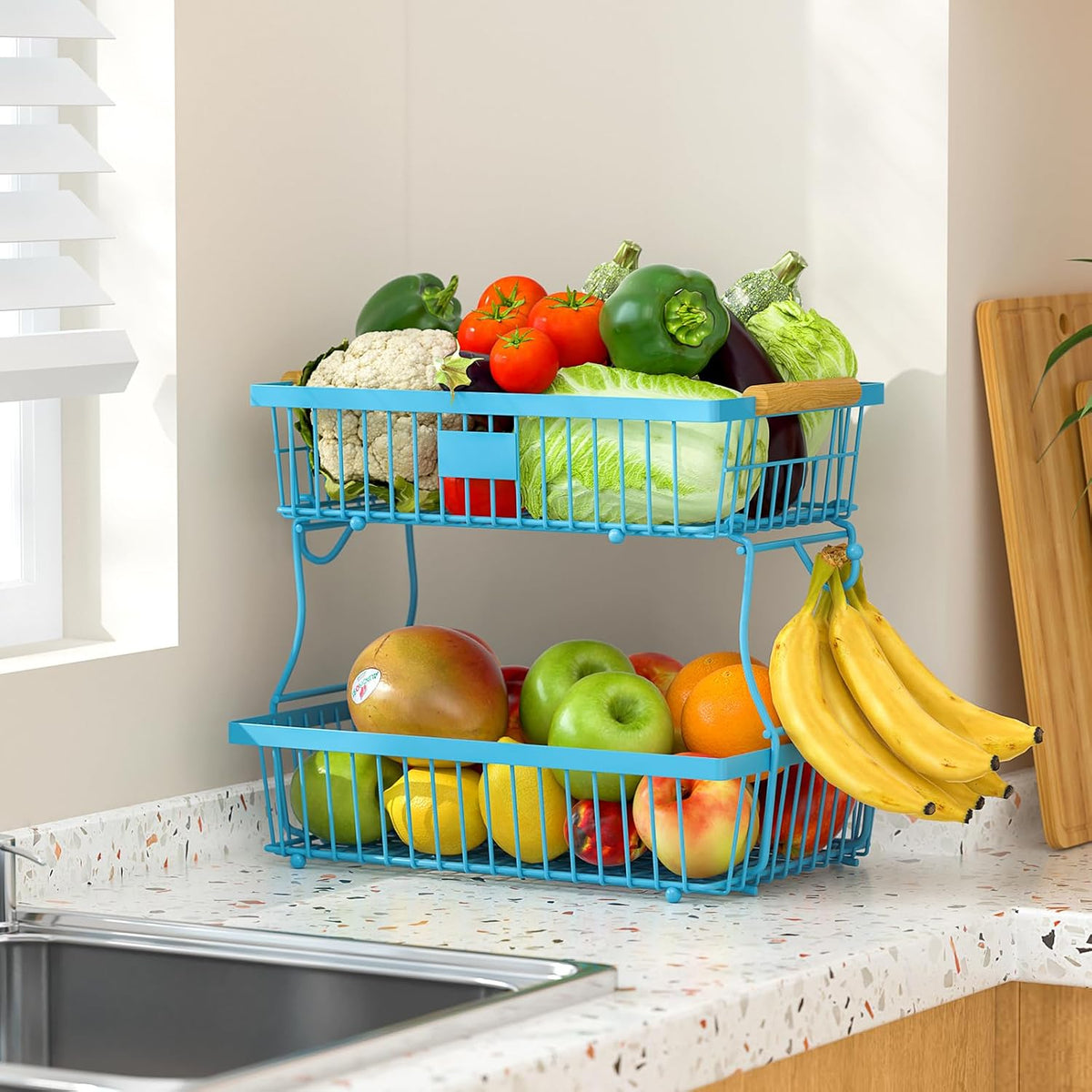 2 Tier Fruit Basket for Kitchen Counter with 2 Banana Hangers, Countertop Metal Bread Basket with Wooden Handle, Large Storage Stand for Vegetables, Snacks, Eggs, Produce Storage – Black