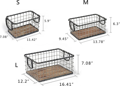 11.5" Wide Rectangular Sturdy Hand Welded Farmhouse Metal Wire Basket with Rustic Wooden Bottom For Shelves, Closet Storage Bins for Shelves. Also For Laundry, Towel, Spice Rack, Tool Box (11.5"x7")