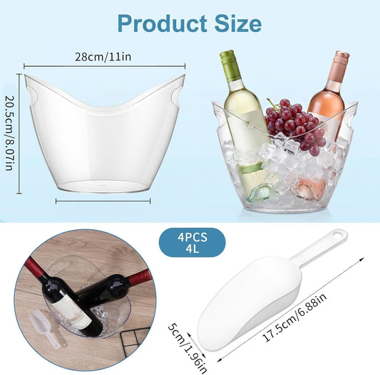 4 Pack Ice Bucket for Parties, 4L Acrylic Wine Buckets with 2 Scoops for Beverage/Wine/Beer/Cocktail, Portable Clear Beverage Tub for Parties, Mimosa Bar Supplies, Outdoor Events