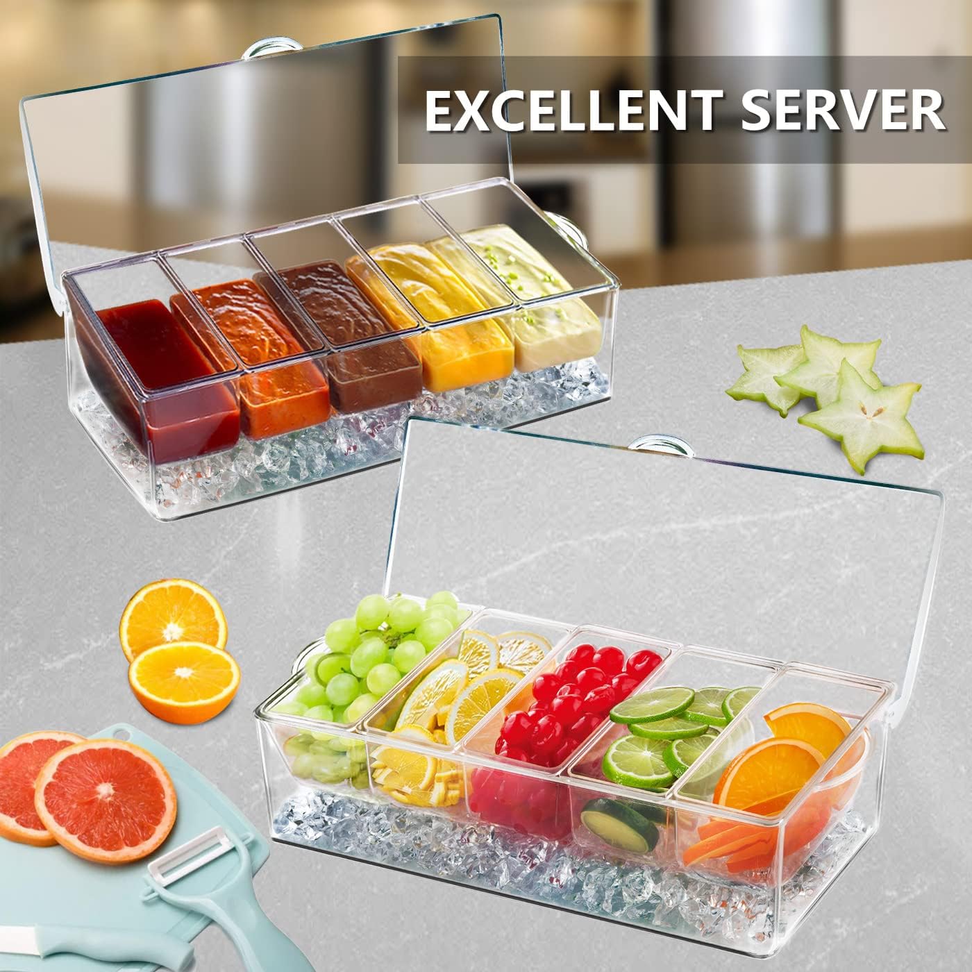 INNOVATIVE LIFE High-end Veggie Fruit Tray with Lid, Ice Chilled Vegetable Serving Platter with Ice Tray on Bottom, Perfect for Entertaining, Parties and Buffet, Clear