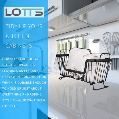 LOTTS Stackable wire basket for pantry, Metal Pantry basket, Storage Organizer Bin with Handles, Fruit basket for Kitchen Cabinets, Pantry, Closets, Bedrooms, Bathrooms (12.6×6.5×7.6")- 2 Pack