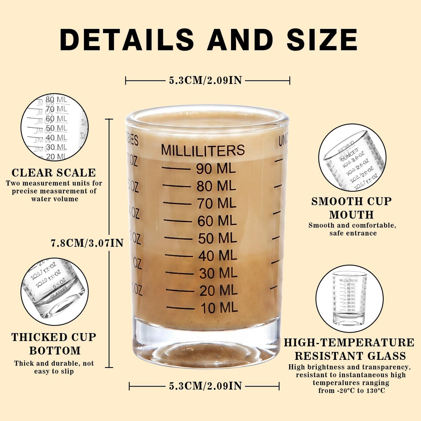 GLASKEY Shot Glasses Measuring Cup Set - 2 Pack Espresso Shot Glasses with Precise Measurement Marks,Heavy Duty Glass,Dishwasher Safe,Perfect for Coffee,Cocktails and Kitchen Use (Black & Red)