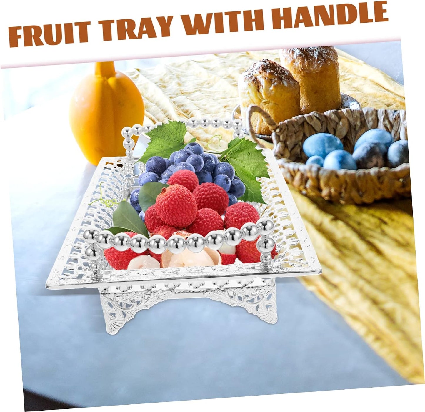 COLLBATH Nordic Style Fruit Plate with Handle 2Pc Metal Snack Serving Tray for Dried Fruits and Appetizers Elegant Gold Platter for Kitchen and Entertaining