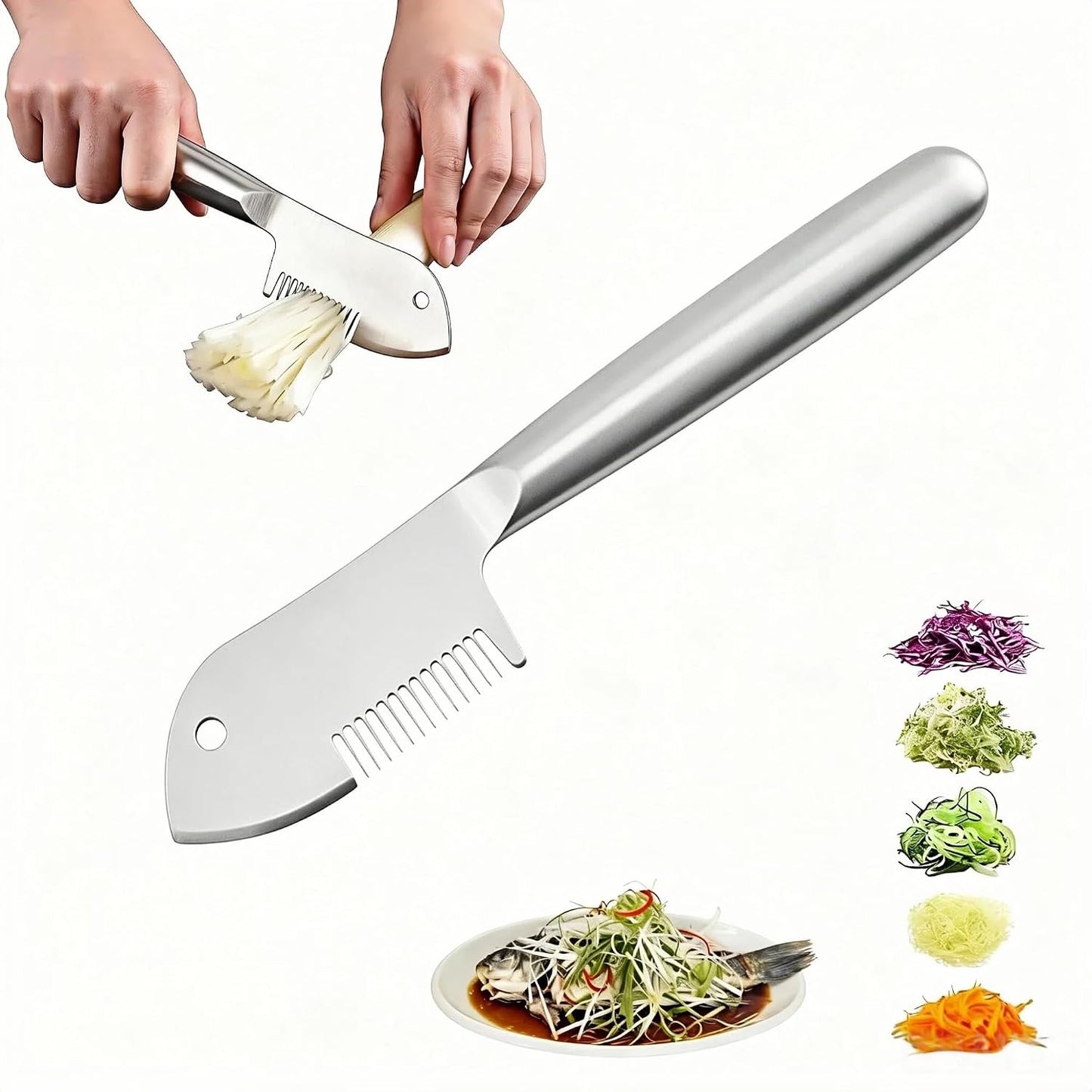 Stainless Steel Scallion Cutter, 2-in-1 Julienne Shredder | Precision julienne blade, ergonomic handle, scallion & green onion shredder, hanging hole