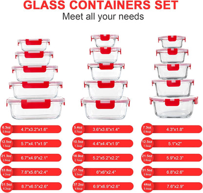 30 Pieces Glass Food Storage Containers, Meal Prep Set with Snap Locking Lids, Airtight lunch Containers, BPA-Free, Microwave, Oven, Freezer & Dishwasher Friendly,Blue