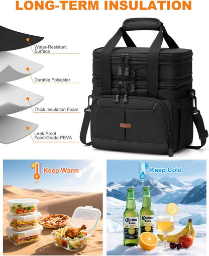 Pritent Lunch Box For Men Women Double Deck Insulated Lunch Bag For Men Woman Leakproof Expandable Cooler Bag with Adjustable Shoulder Strap for Kids Shool Work Picnic Camping(Beige,Large)