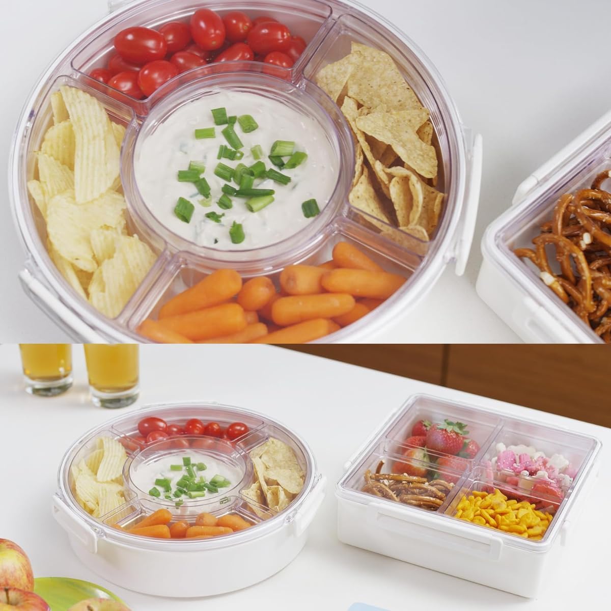 Lustroware Gourmet Palette Airtight 5-Compartment Round Serving Tray with Lid – Portable Snackle Platter & Charcuterie Organizer Box with Removable Dividers for Fruit, Vegetables, Snacks, Appetizers