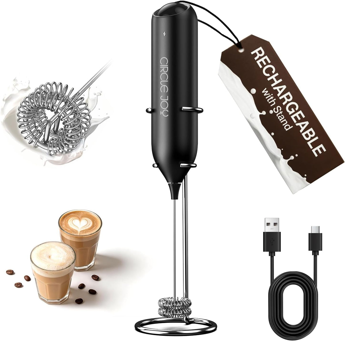 CIRCLE JOY Rechargeable Milk Frother Handheld with Stand, Dual Spring Whisk Head Electric Coffee Frother Foam Maker, Portable Drink Mixer for Cappuccino, Latte, Matcha, Black