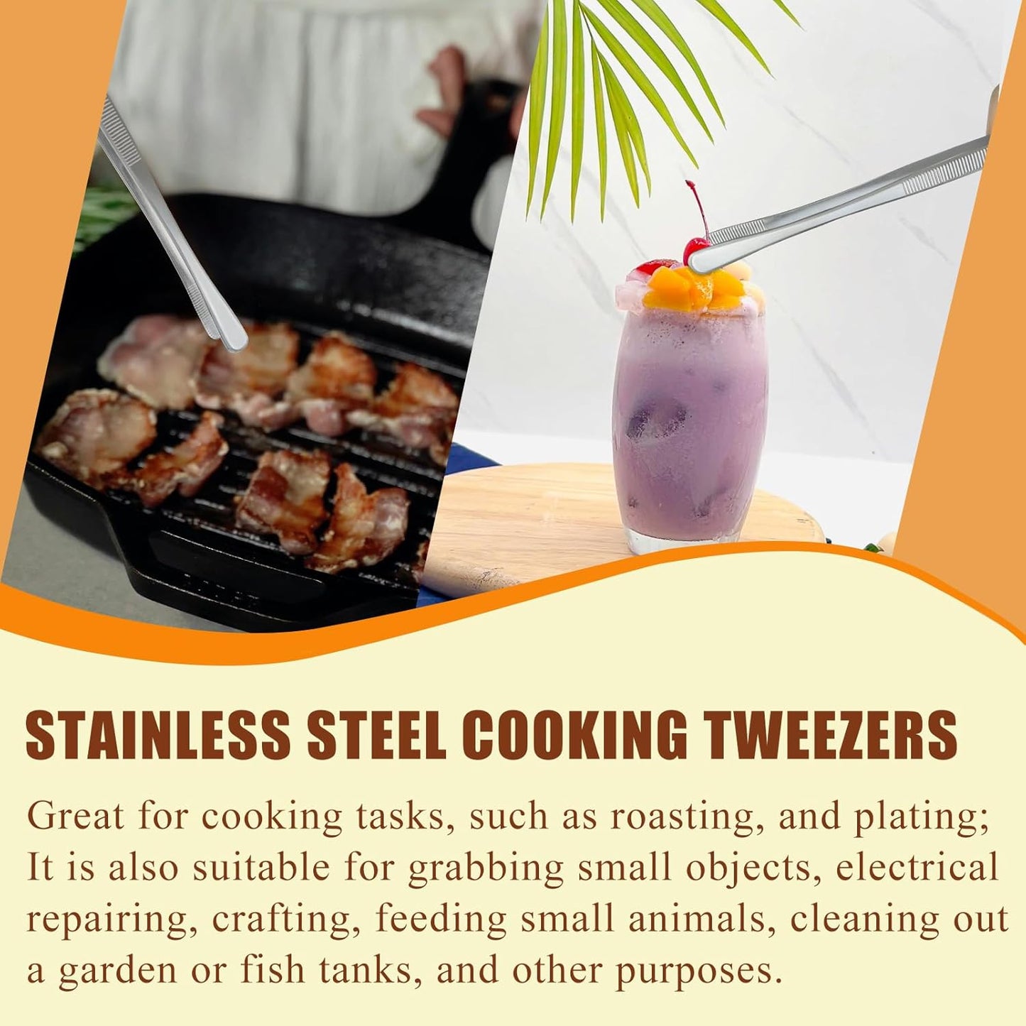 10-Inch Cooking Tweezers Pasta Tongs, Stainless Steel Kitchen Tweezer Tongs Culinary Food Tweezers for Cooking & Baking (Sliver)