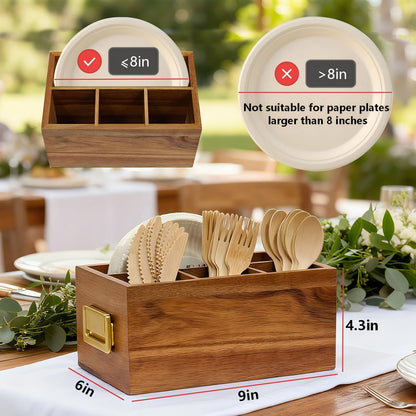 Acacia Silverware Holder for Party with Handle - Paper Plate Holders for Countertop - Wooden Utensil Caddy for Parties - Kitchen Spoon and Fork Organizer Silverware Caddy for Party Camping