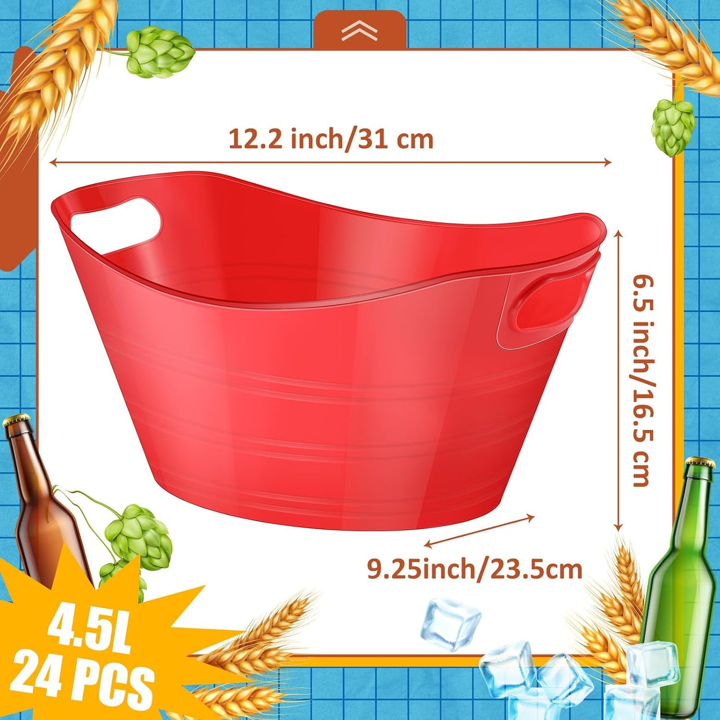 Norme 24 Pcs Oval Storage Tub with Handles, 4.5l Plastic Ice Buckets Bulk for Wine Beer Champagne Drink Cooler Beverage Storage Tub for Parties BBQ Weddings Party Outdoor Celebration(Blue & Red)