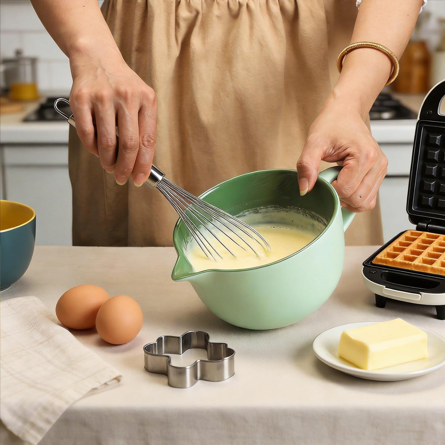 Gaolinci Simple Solid Color Kitchen Ceramic Mixing Bowl, 1 Quart Large Bowl, with Pouring Spout and Handle