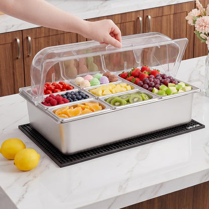 VEVOR Chilled Condiment Server Caddy, 5 Compartment Ice Cooled Serving Container, Plastic Fruit Garnish Tray Platter with Lid, for Taco Salad Bar Accessories, Party Home Restaurant Supplies