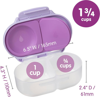 b.box Snack Box 2-Pack - Leak Proof Mini Bento Box for Kids & Toddlers, 2 Compartment Snack Containers for Kids, Dishwasher Safe, BPA-Free, PFAS-Free, Ages 4mo+, 1 3/4 Cup Each (Strawberry + Lilac)