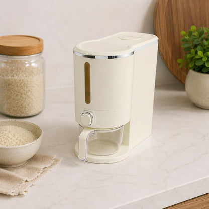 ROOM127 Slim Rice Dispenser 11 Lbs, Airtight Rice Storage Container with Measuring Cup, One-Touch Dry Food & Cereal Dispenser with Clear Window for Kitchen Countertop, Milk Tea Brown