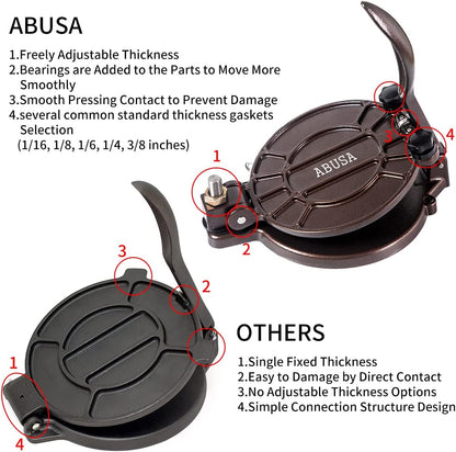 ABUSA Thickness Adjustable Tortilla Press 8 Inch Tortilla Maker Black - Roti, Dough Press, Dosa, Tawa, Tamale, Pizza, Pie, Patty (Extra Oil Paper or Patty Paper needed)
