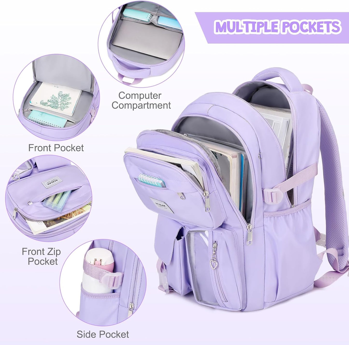 ACESAK Girls Backpack - Bento Box with Insulated Lunch Bag Pencil Case & Utensils Set for Kids, 6 Leakproof Compartments Removable Tray Lunches or Snack Container for School (Gray Daisy)