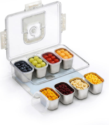 Snackle Box Container with Reusable Ice Pack, 8-Compartment Divided Serving Tray with Lid & Handle, Cooling Charcuterie Snack Box Organizer for Travel, Outdoor Parties, Beach & Picnic